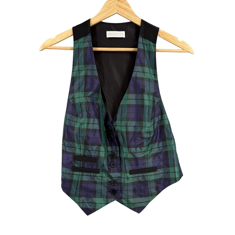 St. Emile Silk Vest‎ Waistcoat Blackwatch Plaid Button Front Size 6